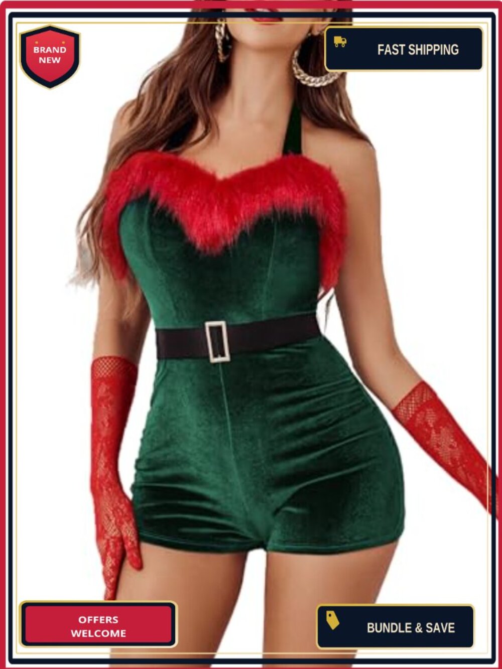Velvet Santa Romper Halter V-Neck Short Jumpsuit Christmas Costume with Belt